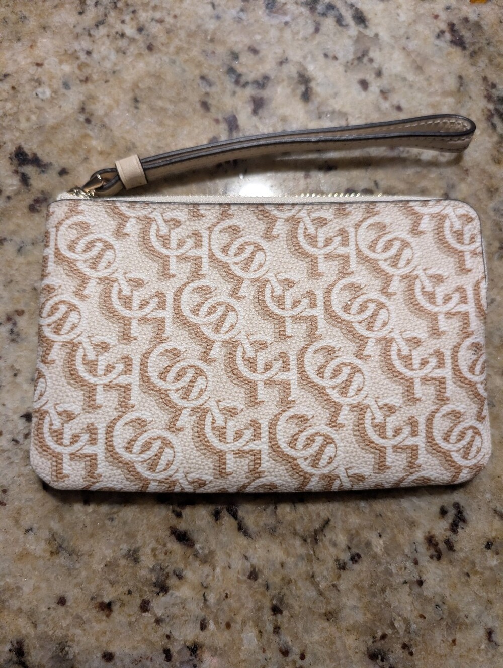 Coach Beige Cream Monogram Print Wristlet Wallet